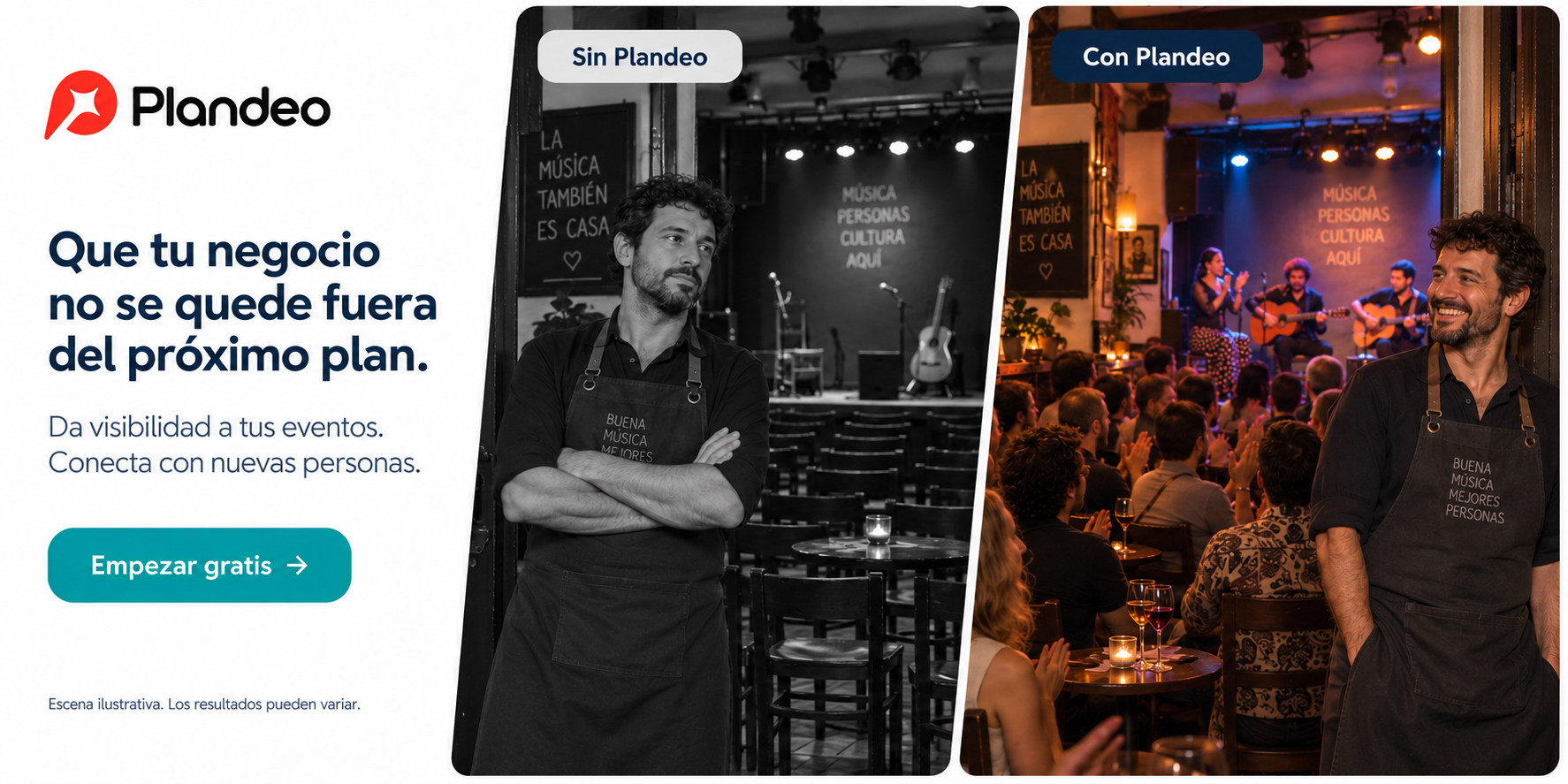 Plandeo. Que tu negocio no se quede fuera del próximo plan. Propietario preocupado ante una sala vacía en gris; propietario sonriente y público disfrutando de música en directo a color. Escena ilustrativa; los resultados pueden variar.